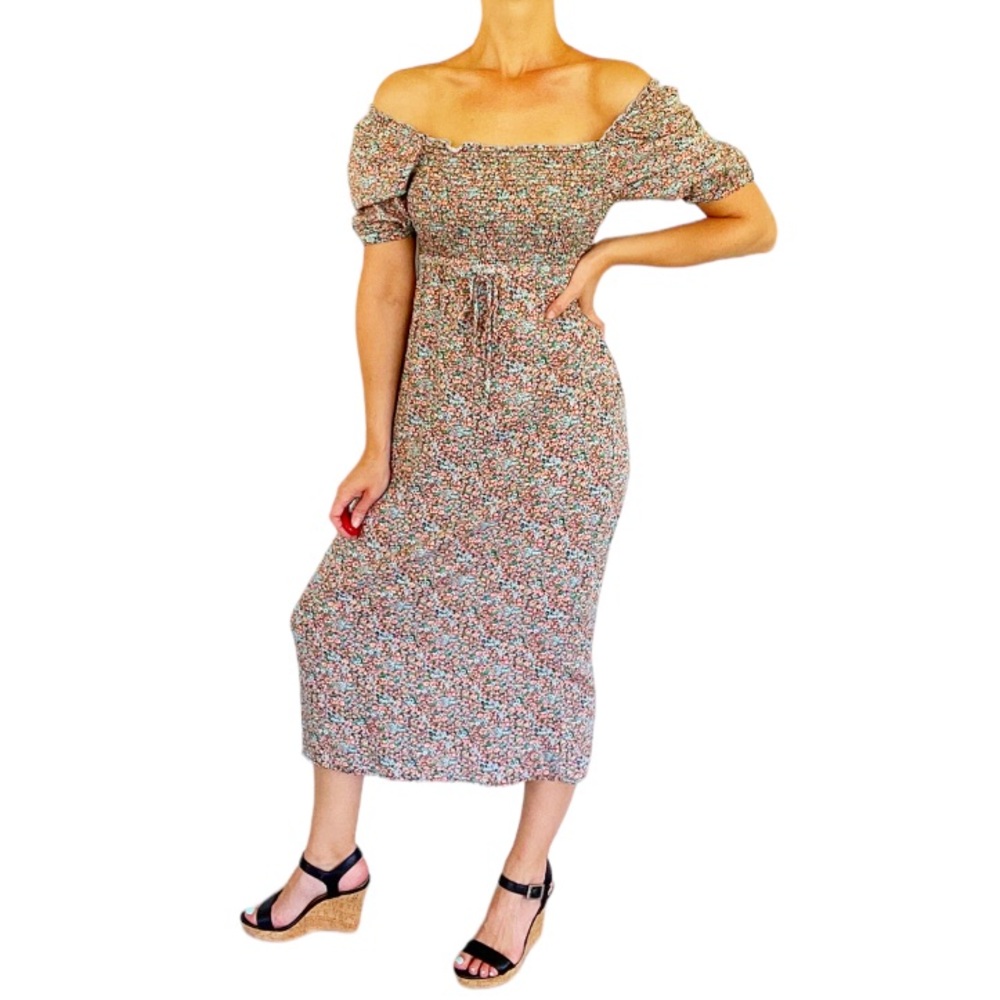 Wild Fable blue pink floral smocked puff sleeve midi dress size small